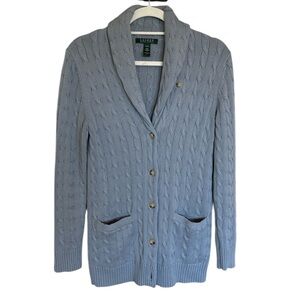 Ralph Lauren Gray Blue Cotton Cable Knit Cardigan Sweater Medium